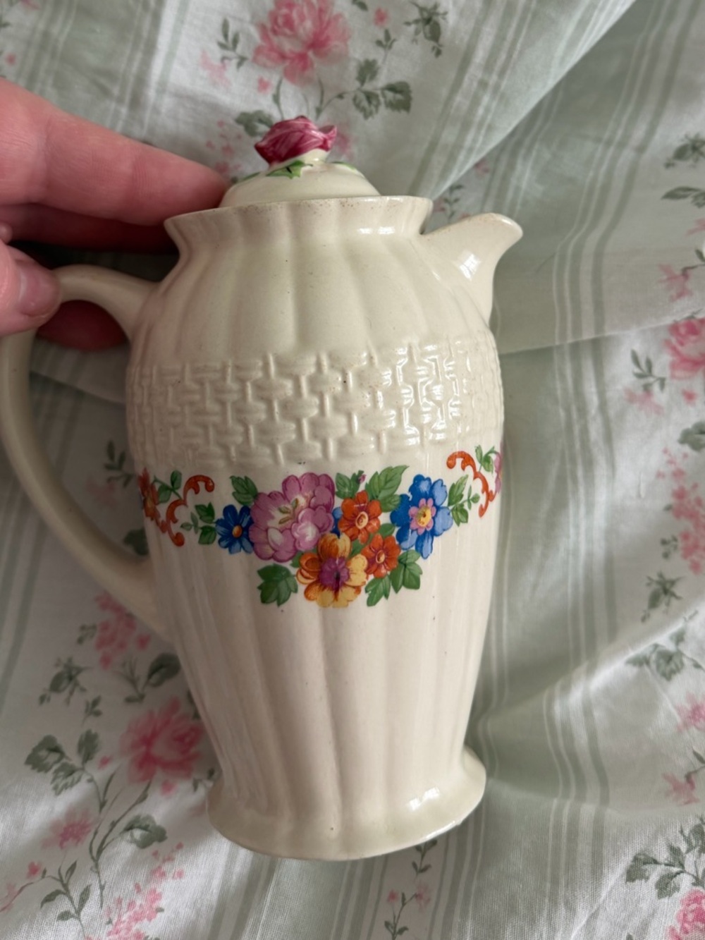 Vintage Cream Ceramic Pitcher with Multicolor Floral Band and Pink Rose Lid